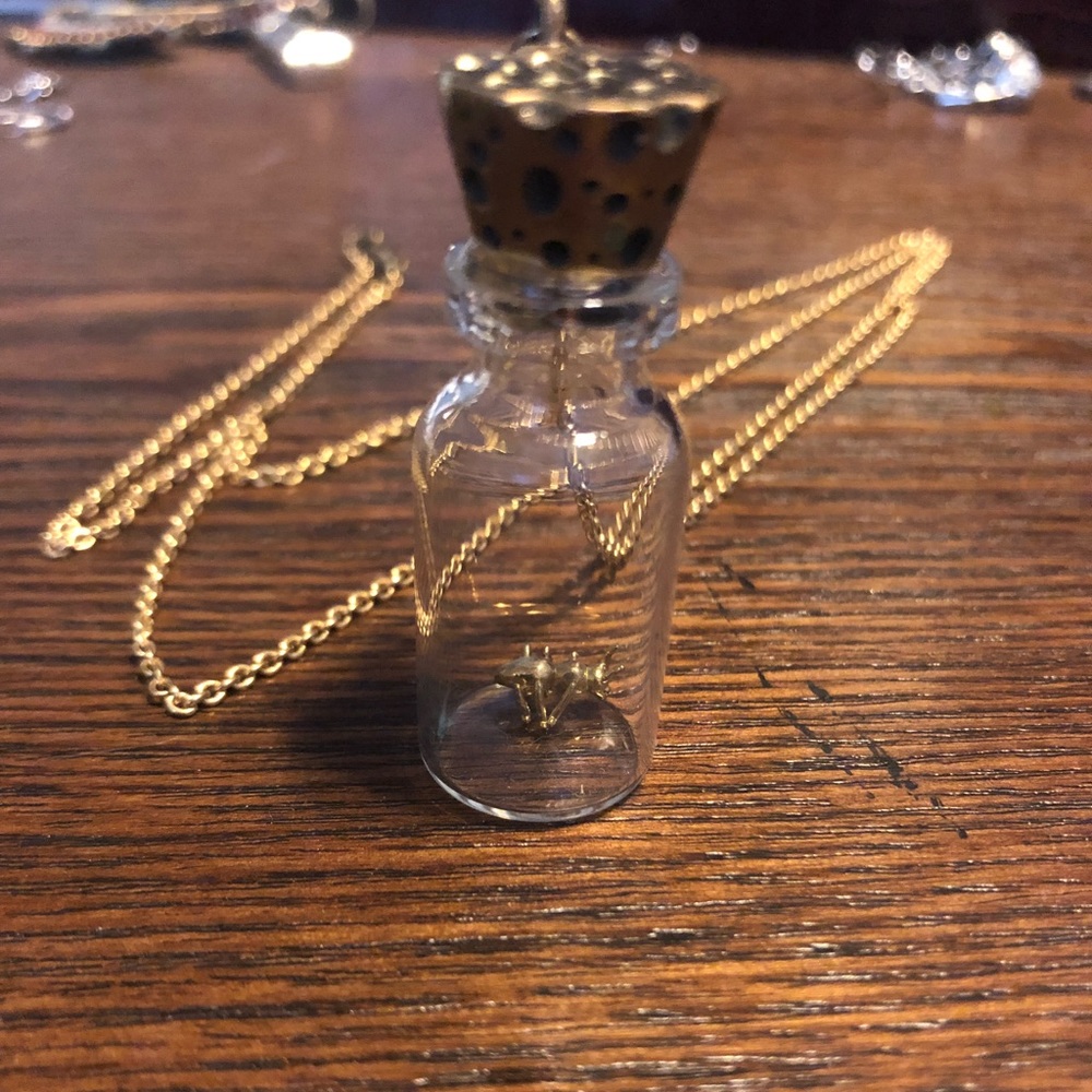 Glass bottle necklace with a gold ant